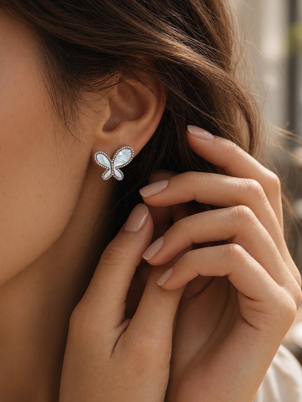 Silver Mother of Pearl Butterfly Stud Earrings Beaded with Milgrain Edge MOP